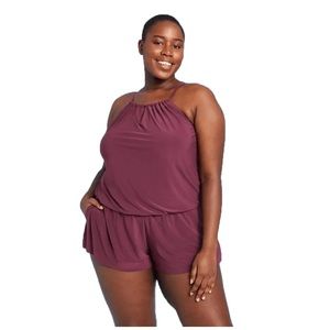 Aqua Green Women's Plus Size High Neck Swim Romper with Pockets